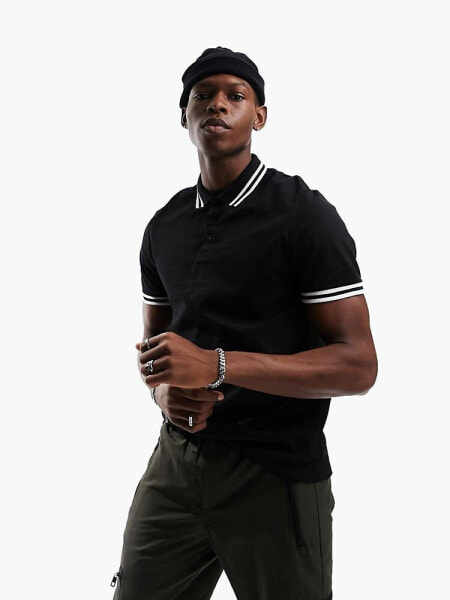 ASOS DESIGN tipped pique polo shirt in black