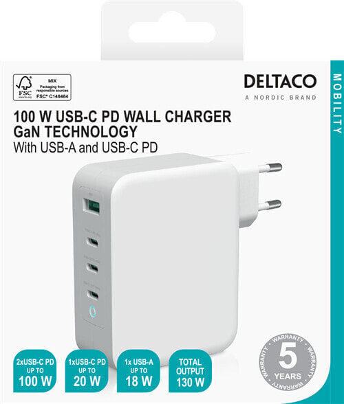 Зарядное устройство DELTACO Deltaco USBC-GAN04 белое