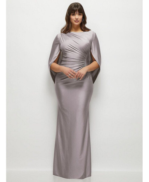 Plus Size Draped Stretch Satin Maxi Dress with Built-in Capelet