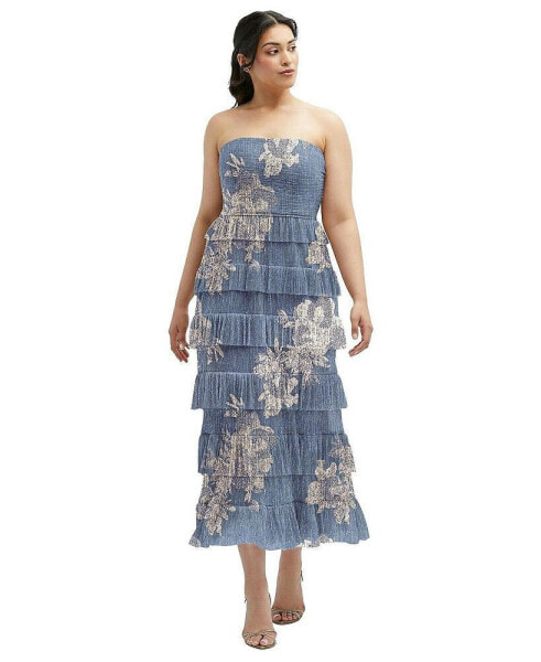 Women's Ruffle Tiered Skirt Metallic Pleated Strapless Midi Dress with Floral Gold Foil Print