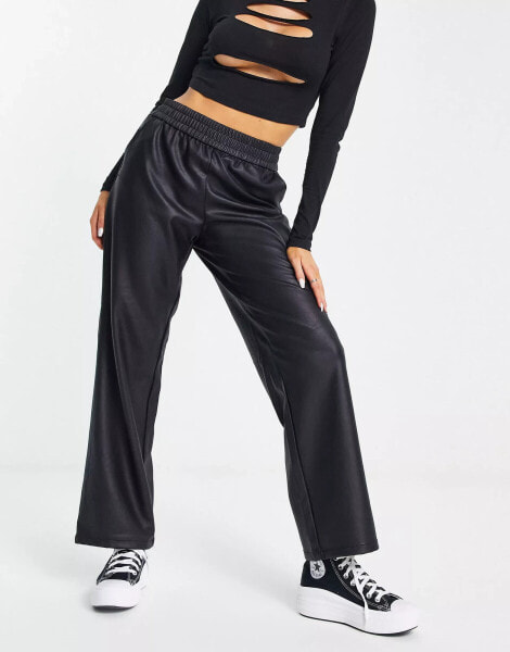 ONLY faux leather elasticated waist straight leg trousers in black