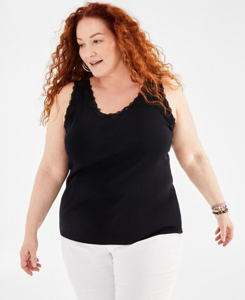 Plus Size Lace-Trimmed Tank Top, Created for Macy's