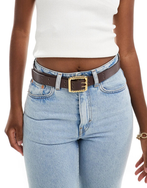 ASOS DESIGN bevelled buckled waist and hip jeans belt in tan