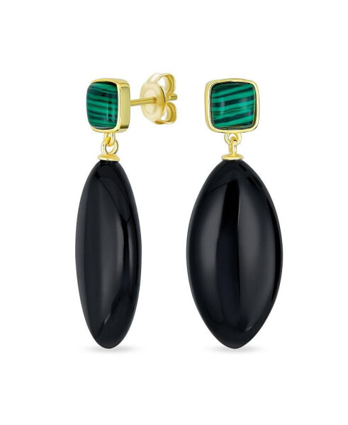 Unique Geometric Linear Malachite Black Onyx Rhombus Shape Square Natural Multi-Gemstone Party Dangling Earrings for Women in 14K Yellow Gold Plated