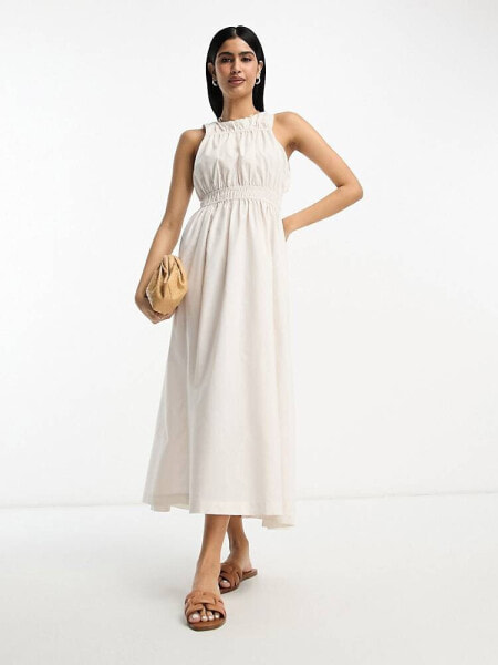 ASOS DESIGN cotton high neck gathered maxi dress in ecru 