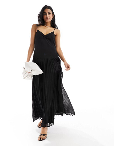 4th & Reckless chiffon pleated drop hem cami maxi dress in black