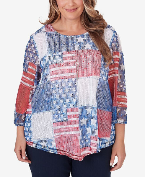 Plus Size All American Patchwork Flag Mesh Top with Necklace