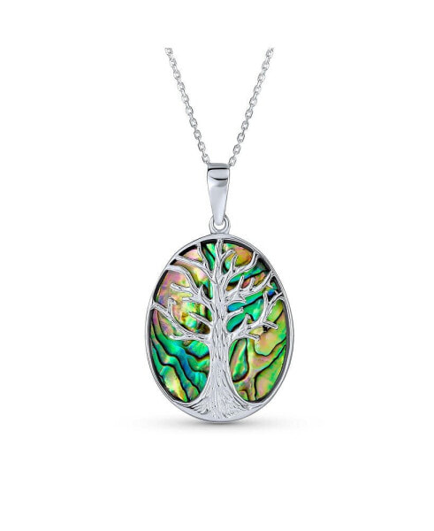 Rainbow Abalone Shell Large Oval Wishing Tree Family Tree Of Life Pendant Necklace Western Jewelry For Women .925 Sterling Silver