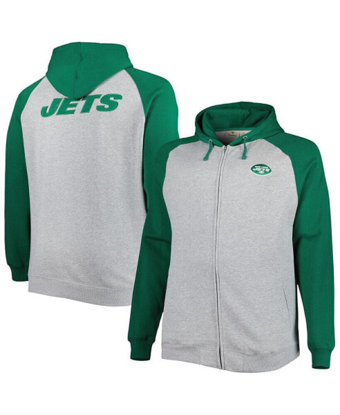 Men's Heather Gray New York Jets Big and Tall Fleece Raglan Full-Zip Hoodie Jacket