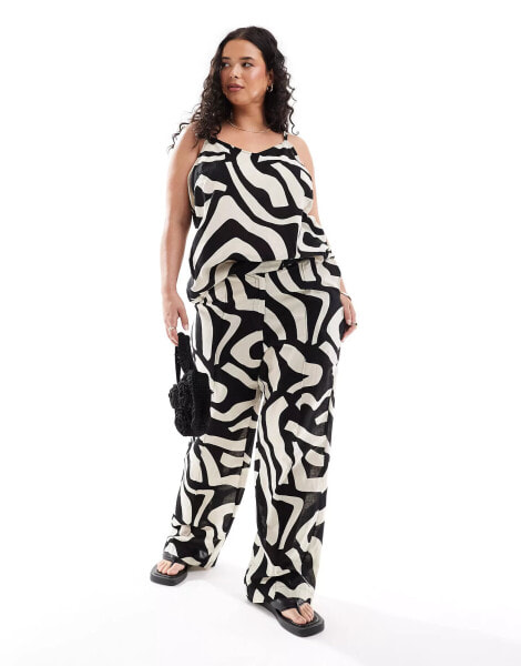 Vero Moda Curve linen touch wide leg trouser co-ord in abstract mono print