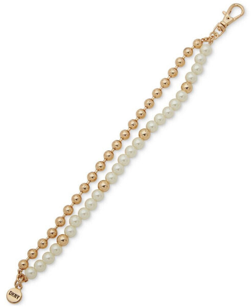 Gold-Tone Bead & Imitation Pearl Double-Row Flex Bracelet