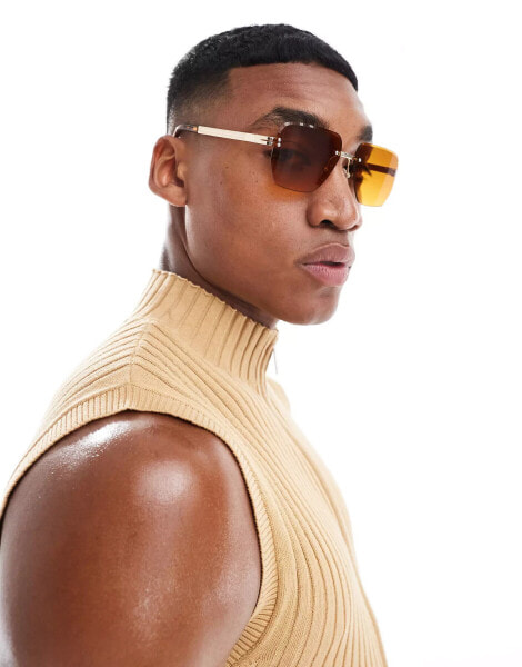 ASOS DESIGN rimless retro sunglasses with amber gradient lens in gold