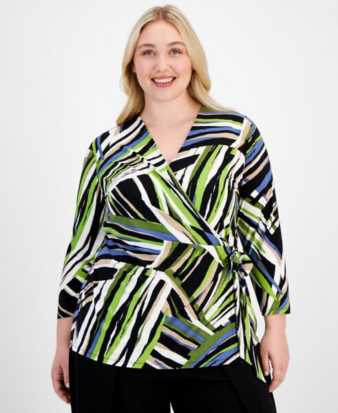 Plus Size Printed Side-Tie 3/4-Sleeve Top