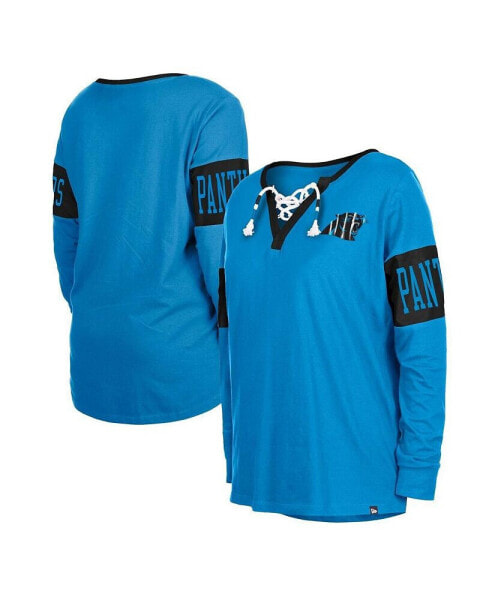 Women's Blue Carolina Panthers Lace-Up Notch Neck Long Sleeve T-shirt