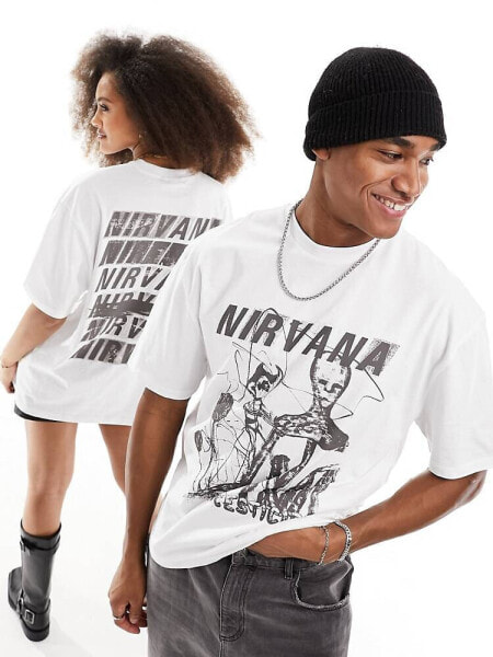 ASOS DESIGN unisex oversized license band t-shirt in white with Nirvana skeleton graphics