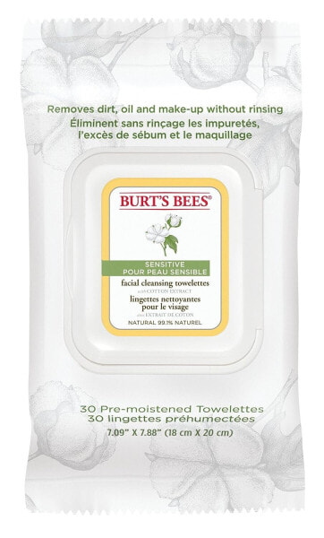 Burt's Bees Natural Wet Wipes for Facial Cleansing for Sensitive Skin with Cotton Extract, Pack of 30