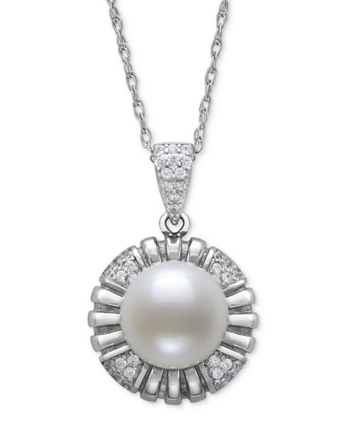 Cultured Freshwater Button Pearl (10mm) & Lab-Created White Sapphire (1/2 ct. t.w.) Flower 18" Pendant Necklace in Sterling Silver