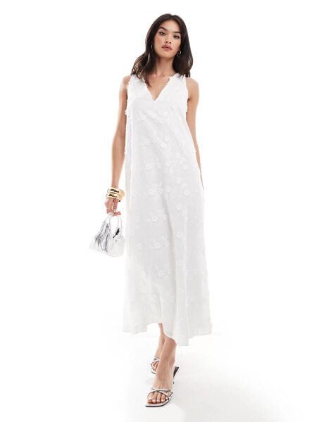 YAS plunge tie back 3D floral maxi dress in white - WHITE