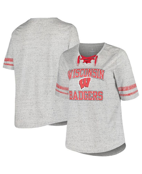 Women's Heather Gray Distressed Wisconsin Badgers Plus Size Striped Lace-Up T-shirt