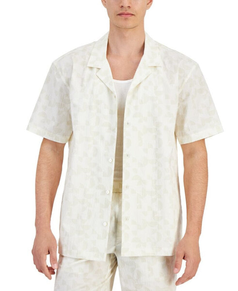 Men's Grand Regular-Fit Geo-Print Button-Down Seersucker Camp Shirt, Created for Macy's