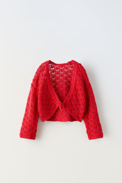 Crochet knit cardigan with bow