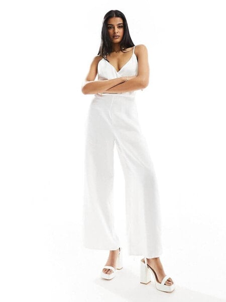 Vila Bridal satin wrap front jumpsuit with slit leg in white