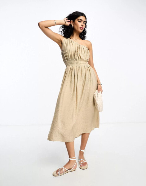 French Connection one shoulder ruched midi dress in beige