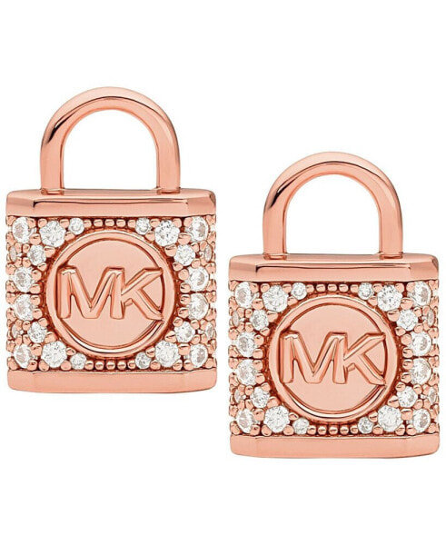 14K Rose Gold-Plated Sterling Silver Pave Lock Stud Earrings
