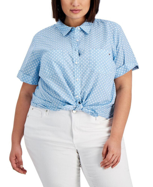 Plus Size Cotton Dot-Print Camp Shirt