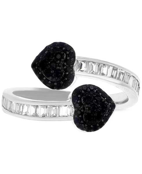 Black Cubic Zirconia Two Heart Bypass Ring in Sterling Silver
