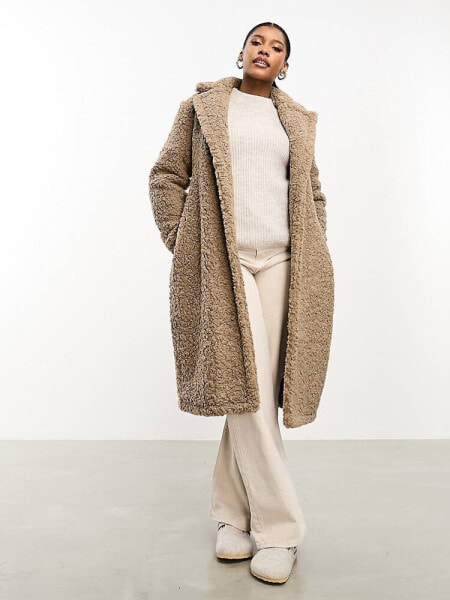 Threadbare Maine oversized borg coat with tie waist in taupe