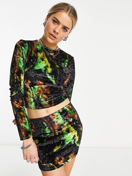 COLLUSION printed long sleeve velvet co-ord top in multi 