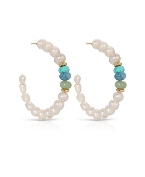 Freshwater Pearl Beaded Mixed Gemstone Hoop Earrings