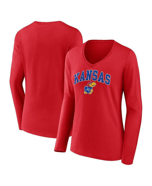 Women's Red Kansas Jayhawks Evergreen Campus Long Sleeve V-Neck T-shirt