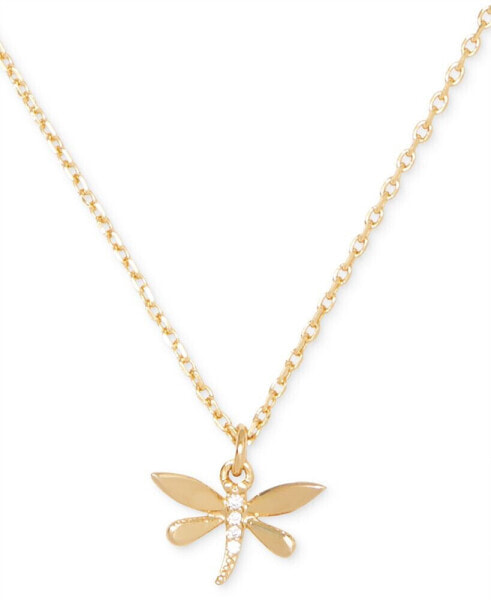 kate spade new york gold-Tone Pavé Dragonfly Pendant Necklace, 16" + 3" extender