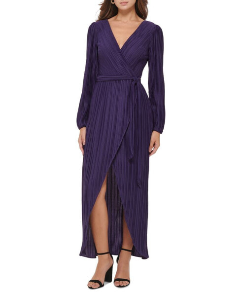 Women's Pleated Woven Faux-Wrap V-Neck Maxi Dress