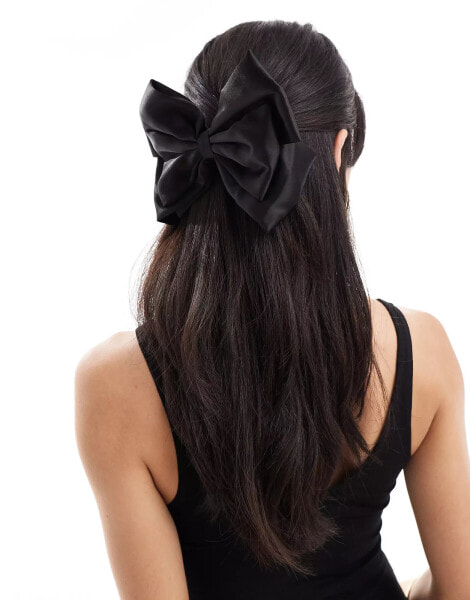 Pieces overised satin bow hair clip in black