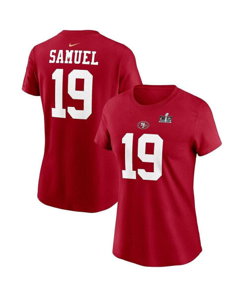 Women's Deebo Samuel Scarlet San Francisco 49ers Super Bowl LVIII Patch Player Name and Number T-shirt