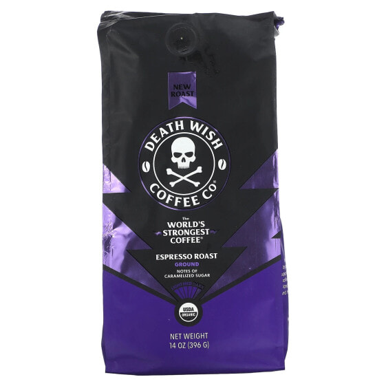 Death Wish Coffee, Самый крепкий в мире кофе, молотый, обжарка эспрессо, темный, 396 г (14 унций)