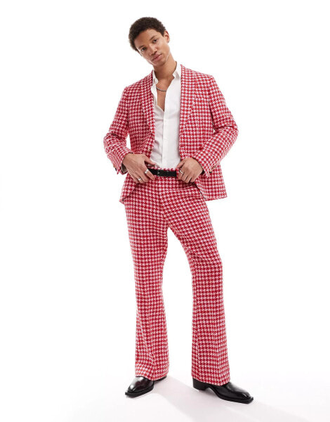 Twisted Tailor houndstooth suit trouser in red and pink