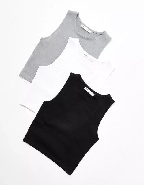 Pull&Bear 3 pack ribbed racer neck cropped top in white, black & grey