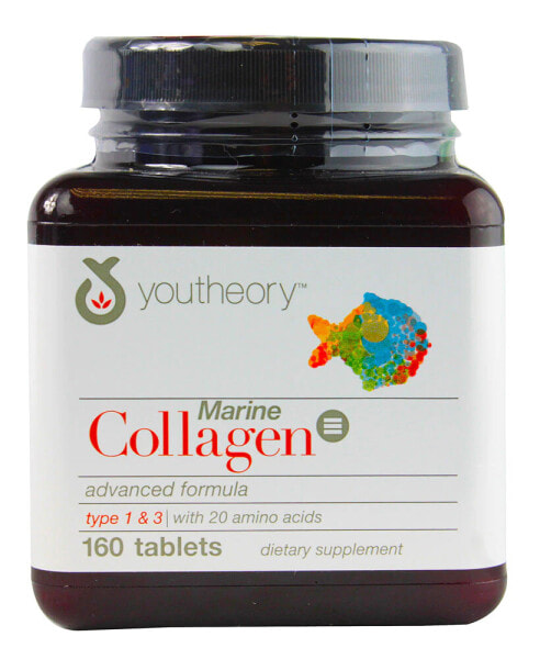Youtheory Marine Collagen Морской коллаген I и III типа 2500 мг + 20 аминоксилот для суставов, соединительной ткани и кожи 160 таблеток