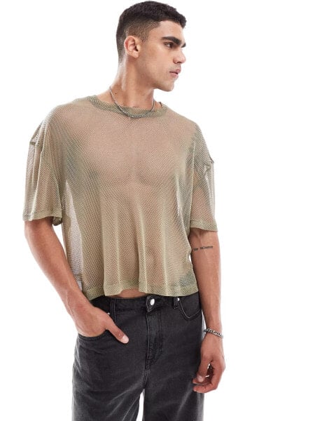 ASOS DESIGN boxy oversized t-shirt in open mesh in beige