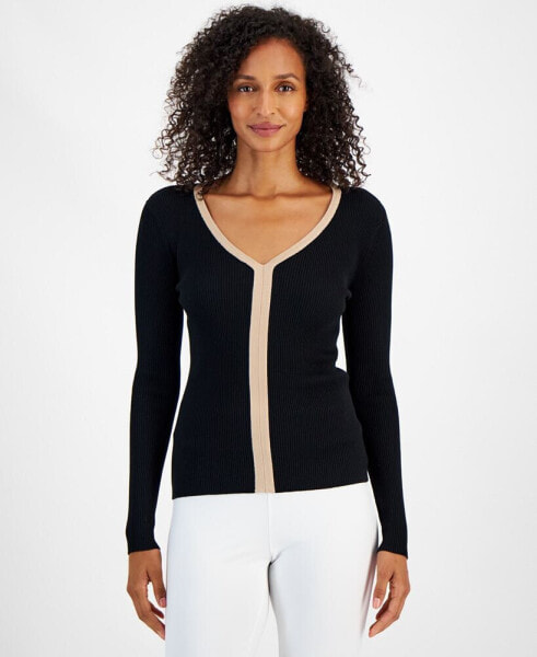 Women's Contrast-Trim Ribbed Long-Sleeve Top