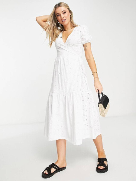 ASOS DESIGN broderie short sleeve tiered wrap midi dress in white