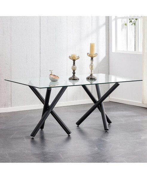 Modern Glass Dining Table for 6-8, Black Metal Legs