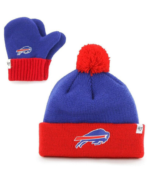 Infant Unisex '47 Royal, Red Buffalo Bills Bam Bam Cuffed Knit Hat with Pom and Mittens Set