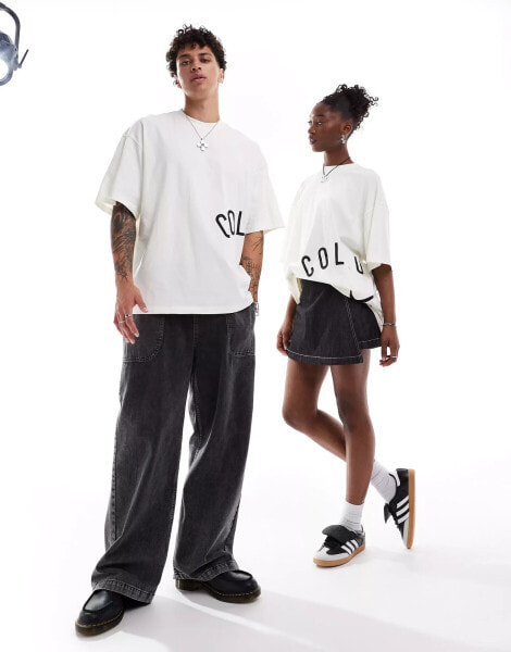 COLLUSION Unisex white t-shirt with logo print in skater fit