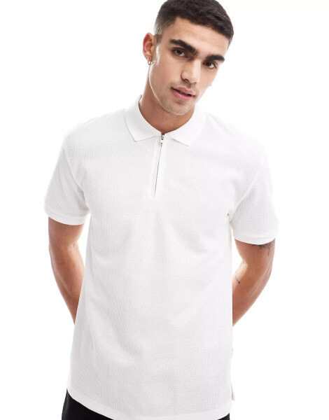 Jack & Jones waffle zip up polo in white