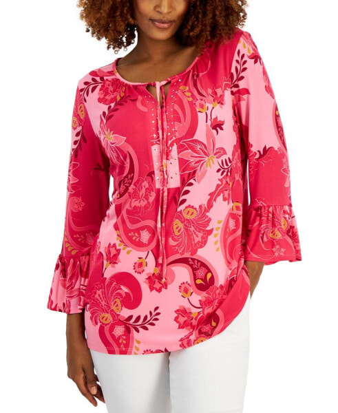 Women's Printed Embellished Tunic with Ruffle Sleeves, Created for Macy's